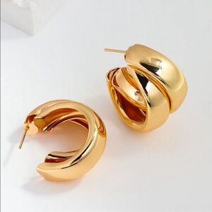 14K Gold Large Chunky Hoop Earrings Double Row Hoops Ladies Thick lightweight